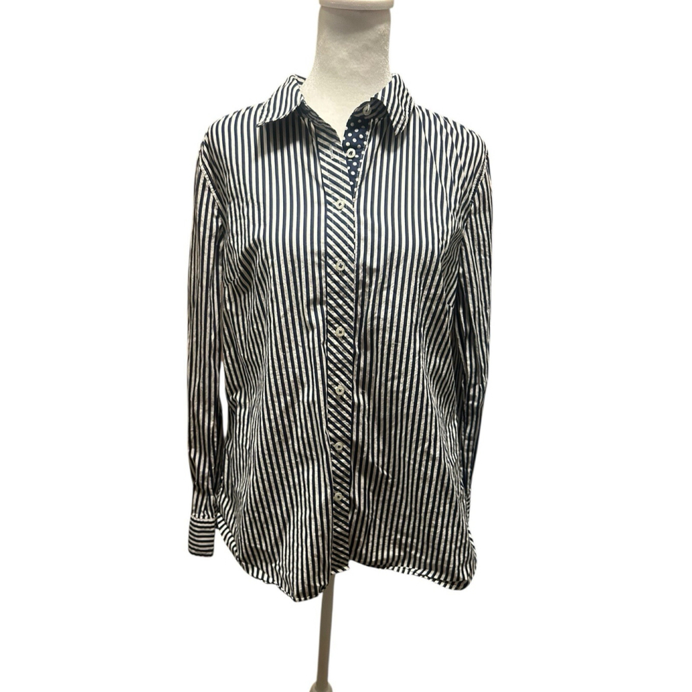 Talbots Button Down Medium Navy &‎ White Stripe O… - image 1